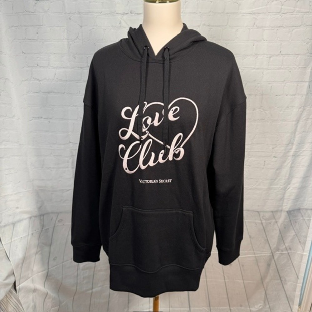 NWT Victoria's Secret Love Club Embroidered Black Pullover Hoodie M